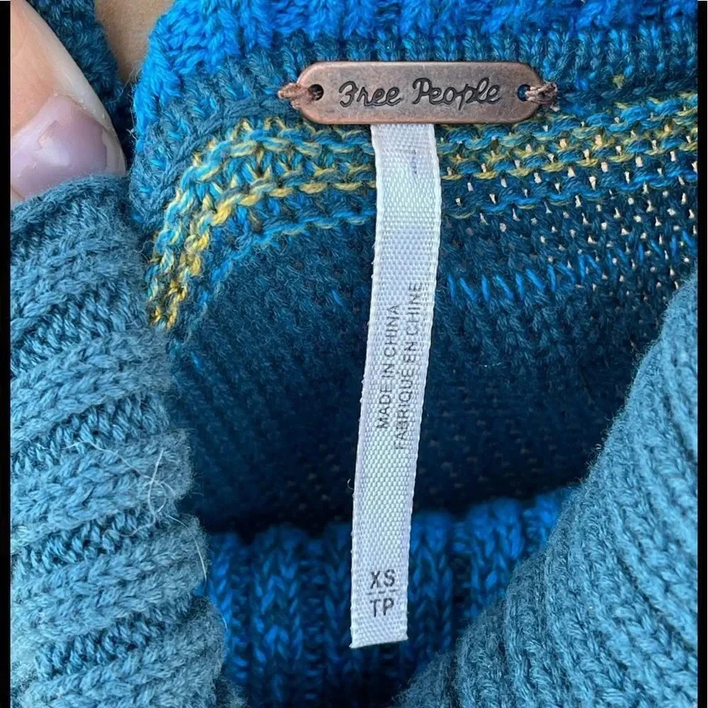 Free People Knit Striped Long Flared-Sleeve Turtleneck Sweater Blue XS - Picture 8 of 8